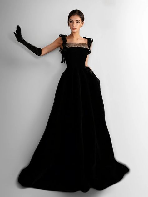 Black Strap Evening Gown for Formal Events and Performances Black Evening Gown Classy, Black Formal Outfit, Black Wedding Guest Dress, Black Wedding Guest Dresses, Skirt Wedding Dress, Evening Gowns With Sleeves, Classy Gowns, Black Evening Gown, Classy Dresses