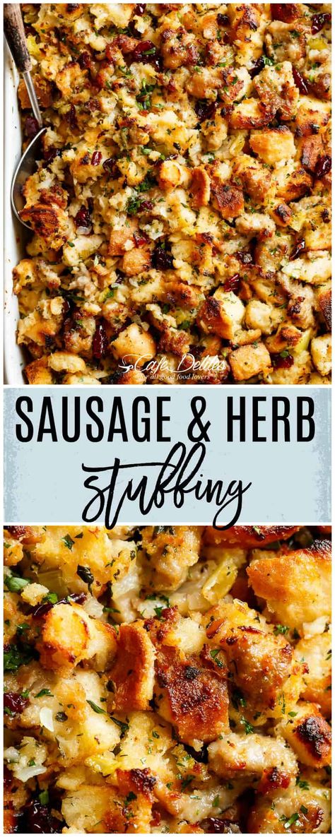 Sausage And Herb Stuffing, Sausage Stuffing Recipe, Homemade Stuffing, Thanksgiving Food Sides, Sausage Stuffing, Stuffing Recipes For Thanksgiving, Sage Sausage, Herb Stuffing, Cafe Delites