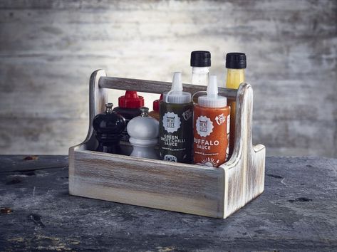 Table Caddy, Wooden Caddy, Wood Tool Box, Condiment Caddy, Decorative Bottles, Kitchen Storage Boxes, Rustic Restaurant, Rustic Wooden Table, White Wash Finish