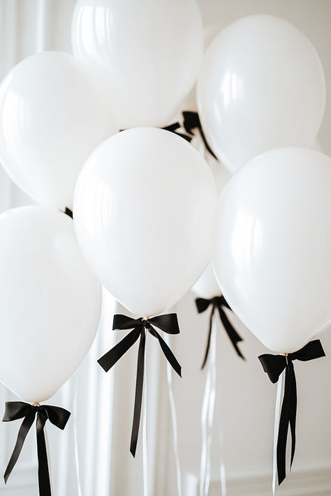 21st Bday Ideas, Bow Party, Birthday Ideas For Her ,Birthday Dinner Party, Aesthetic Balloons Black And White Birthday Balloons, Black And White Girly Aesthetic, Black Ribbon Birthday Theme, Black And White Bow Party Theme, Black Bow Party Theme, Black Bow Themed Birthday Party, Black And White 30th Birthday Party, 18th Birthday Black And White, Black And White Aesthetic Birthday