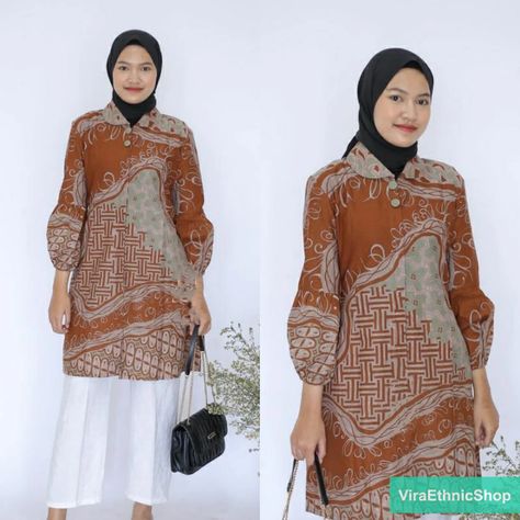 Model Tunik Batik, Batik Outer, Outer Batik, Pola Blus, Design Batik, Batik Kombinasi, Fashion Identity, Dress Batik, Batik Design