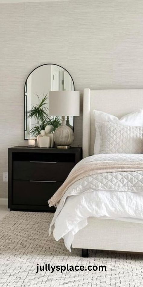 Mirror above nightstand Mirrors Next To Bed Night Stands, Bedroom Nightstands With Mirrors, Bedside Table Mirrors, Bed Mirror Design, Mirrors On Bedside Tables, Above Nightstand Mirror, Nightstand Decor Mirror, Bedroom Decor With Mirrors Night Stands, Upholstered Bed Nightstand Ideas