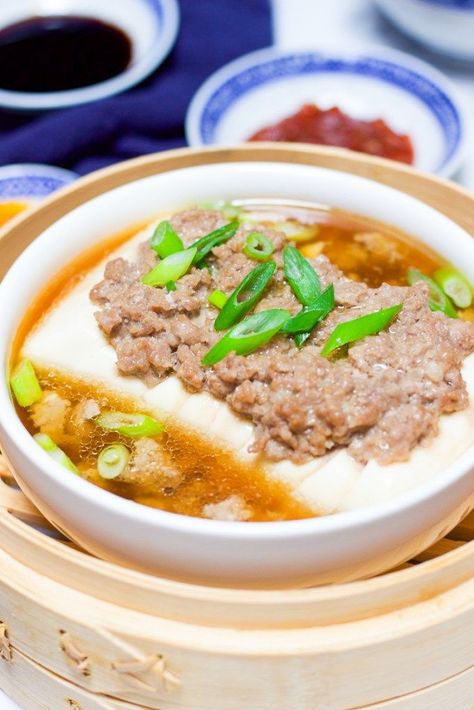 Healthy Steamed Tofu with Ground Meat Mapo Tofu, Steamed Tofu, Tofu Dishes, Steam Recipes, Minced Meat, Chinese Dishes, Cooking Wine, Chinese Cooking, Tofu Recipes