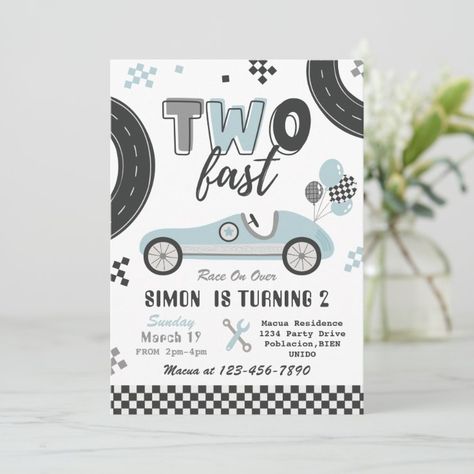 Two Fast Invitation, Two Fast Birthday Invitation, Two Fast Birthday Party, Birthday Party Planning Checklist, Two Fast Birthday, Racing Birthday, 2nd Birthday Party For Boys, Party Planning Checklist, Panda Illustration