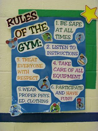 Nice rules poster!  Like any other class at school, the gym has to have its own set of rules.... Pe Rules, Physical Education Bulletin Boards, Pe Bulletin Boards, Gym Rules, Pe Lesson Plans, Teaching Portfolio, Elementary Physical Education, Elementary Pe, Physical Education Lessons