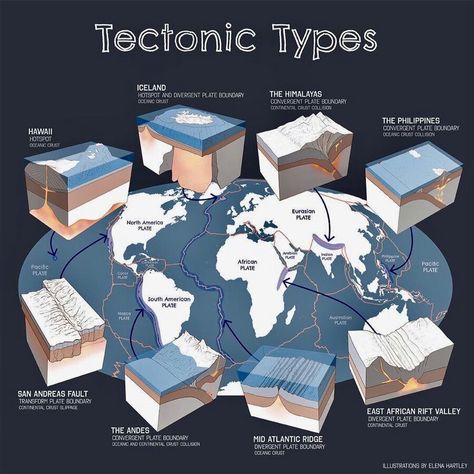 The different types of plate tectonic boundaries. A work of Elena Hartley. Art History Worksheets, Basic Geography, Earth Science Lessons, Plate Boundaries, History Worksheets, Physical Geography, Geography Map, Geography Lessons, 6th Grade Science