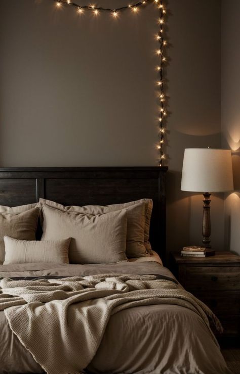 Create a cozy and rustic atmosphere in your bedroom with dark wood furniture. Pair the furniture with soft, earth-toned bedding and add fairy lights for a touch of enchantment. Brown Wood Bedroom Furniture, Bedroom With Dark Wood Furniture, Dark Wood Bedroom Ideas, Wood Bedroom Ideas, Brown Bedroom Walls, Brown Wood Bedroom, Glamorous Bedroom Decor, Brown Bedroom Decor, Dark Wood Bedroom