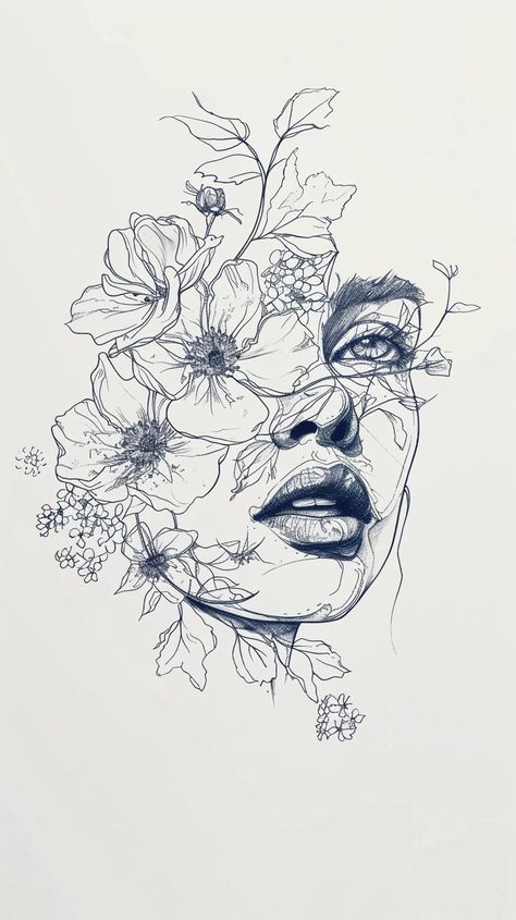 💫🎨Get Best Midjourney Prompts - Follow Link in my Bio🎉🔗 Line Drawing Face, Face With Flowers, فنسنت فان جوخ, Drawing Of A Woman, Woman With Flowers, Drawing Face, Flowers In Her Hair, Portrait Of A Woman, Desenho Tattoo