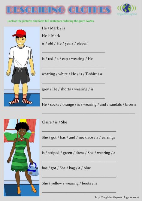 Describing clothes sentences - Interactive worksheet Describe Clothes, Describing Clothes Writing, Clothes Description Writing, Describing Clothes, My Clothes Worksheet, Clothes Worksheet, Sentence Building Worksheets, Adjective Worksheet, English Grammar For Kids