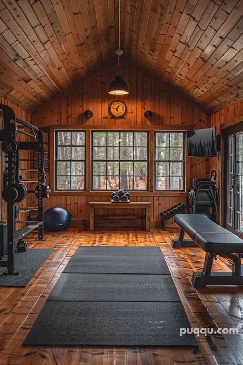 Zen Gym, Beige And Brown Bedroom Ideas, Shed Gym, Barn Gym, Brown Bedroom Ideas, Mini Gym At Home, Storage Design Ideas, Honeycomb Wallpaper, Vintage Gym