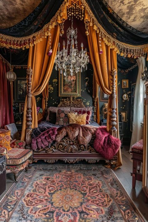 29 Luxury Boho Bedroom Ideas 23 Bedroom Dungeon, Luxury Boho Bedroom, Whimsigothic Bedroom, Maximalist Bed, Whimsigoth Bedroom, Victorian Style Bedroom, Baroque Bedroom, Cuddle Couch, Glamorous Bedroom