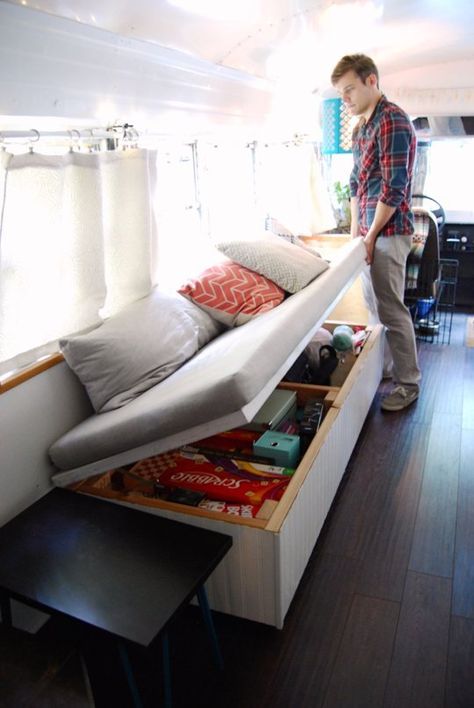 4 Genius Small Space Solutions to Steal from a Home in a School Bus | Apartment Therapy Skoolie Life, House Bus, Balcon Mic, Tiny House Storage, Bus Living, Bus House, Camper Storage, Best Tiny House, Camper Living