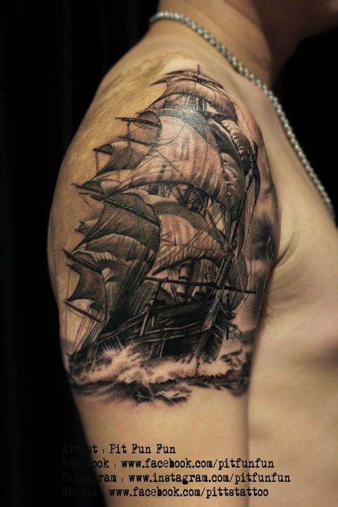 Travelers Tattoo, Ship Tattoo Sleeves, Mermaid Sleeve Tattoos, Ship Tattoos, Pirate Ship Tattoos, Black Pearl Ship, Pirate Ship Tattoo, Pearl Tattoo, Sailboat Tattoo