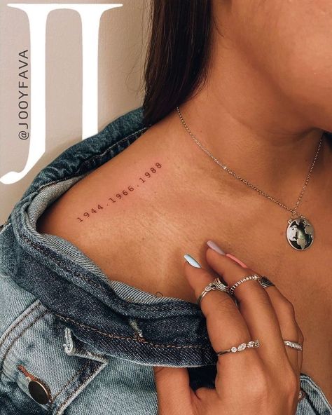 Roman Numeral Tattoo Placement Women, Date Rib Tattoo, Top Shoulder Tattoo, Motherhood Tattoos, Tato Minimal, Tattoos Inspo, Date Tattoos, Mommy Tattoos, Writing Tattoos