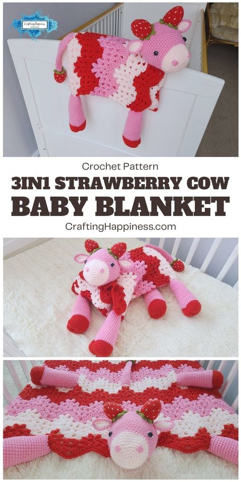 Discover the fun and versatile 3in1 Strawberry Cow Baby Blanket! 🍓🐄 A charming crochet creation that doubles as a blanket, toy, and nursery decor. 🧶 Cow Blanket Crochet Pattern, Crochet Cow Baby Blanket, Crochet Ideas For Baby Girl, Cow Baby Blanket Crochet Pattern Free, Crochet Animal Blanket Patterns Free, Cow Blanket Crochet Pattern Free, Crochet Strawberry Blanket, Strawberry Crochet Blanket, Cow Crochet Blanket