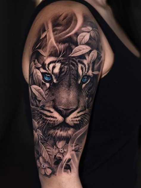 Jungle Tattoo Ideas For Women, Tiger Tattoo For Women Arm, Tiger Tattoo For Women With Flowers, Womens Tiger Tattoo Sleeve, Feminine Tiger Tattoo For Women Arm, Tiger And Woman Tattoo, Tiger Flower Sleeve Tattoo, Tiger And Jungle Tattoo, Lion Tattoo With Flowers