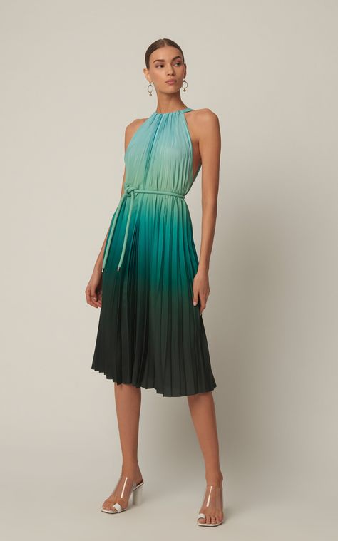 Max Mara Pleated Halter-Neck Chiffon Knee-Length Dress Fall Halter Dress, Pleated Summer Dress, Ombre Pleated Dress, Chiffon Pleated Dress, Halter Neck Summer Dress, Pleated Fabric Outfits, Halter Dress Outfit, Pleated Fabric Dress, Pleated Dress Midi