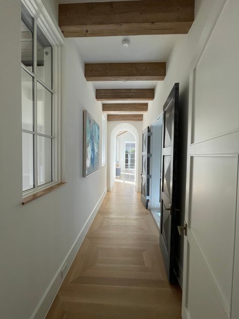 The hallway to your new master bedroom could look like this Hallway With Beams And Pendants, Hallway With Wood Beams, Hallway Ceiling Beams, Beams Hallway, Beams In Hallway, Beam Hallway, Hallway Beams, Upstairs Hallway Ideas, Hallway Ceiling