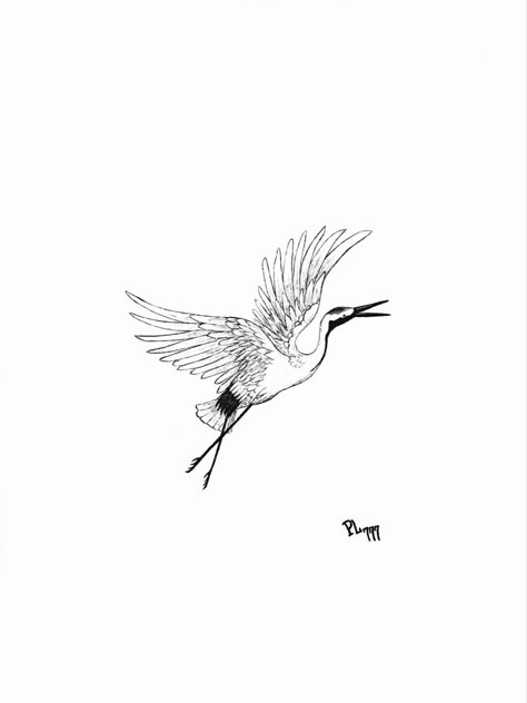 Crane Tattoo Simple, Fine Line Heron Tattoo, Asian Crane Tattoo, Stork Tattoo Design, Flying Crane Tattoo, Animal Hip Tattoo, Crane Outline, Crane Tattoo Design, Fantail Tattoo