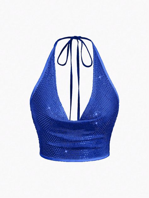 SHEIN ICON Sparkly Halter Neck Tight Cropped Glittery Camisole Top, Perfect For NightclubsI discovered amazing products on SHEIN.com, come check them out! Cheap Trendy Blue Halter Top, Glitter Halter Top, Cheap Blue Cami Halter Top, Blue Cami Halter Top, Blue Trendy Halter Crop Top, Sparkly Halter Top, Png Clothes, Tumblr Fashion, Halter Neck