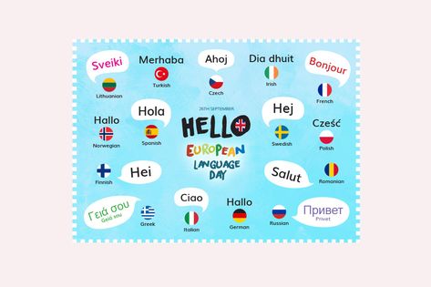 Say Hello! European Day of Languages Poster European Day Of Languages Project, European Day Of Languages Poster, Airport Craft, Easter Crossword, European Day Of Languages, Hello In Languages, Europe Day, Outdoor Shutters, Booklet Printing