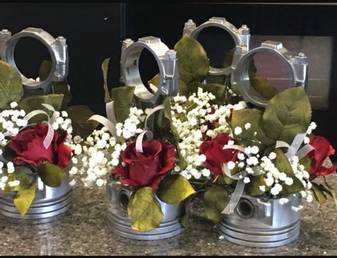 Car engine Pistons. Car Wedding Favors, Automotive Themed Wedding, Piston Centerpiece Wedding Ideas, Mechanics Wedding Theme Decor, Car Themed Wedding Centerpieces, Classic Car Wedding Decorations, Race Track Wedding Ideas, Car Themed Wedding Decoration, Car Enthusiast Wedding