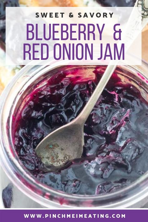 Sweet and savory blueberry and caramelized red onion jam is flavored with red wine and balsamic vinegar and sweetened with honey and brown sugar. This simple drunken jam is a great addition to an appetizer cheese board but has so many other uses, including for burgers, pork chops, sandwiches, or over cream cheese as a party dip. Learn how to make this easy recipe today! Recipes With Onion Jam, Savory Jam Recipes For Canning, Charcuterie Jams And Spreads, Blueberry Recipes Savory, Savory Blueberry Recipes, Savory Jams And Jellies, Recipes With Lingonberry Jam, Blueberry Appetizer, Preserves And Jams Chutney Recipes