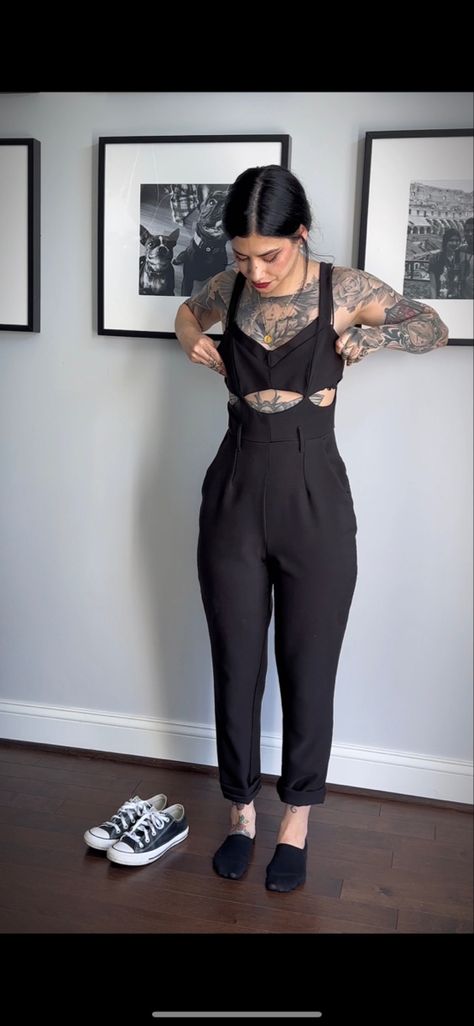 Women’s Black Jumpsuit Outfit. All Black Outfit. Dark Aesthetic. Dark Academia. All Black Summer Outfit. Springtime Outfit. Alternative Fashion. Minimalist Style. Casual Outfit. All Black Jumpsuit Outfit, All Black Jumpsuit, Casual Easter Outfit, Black Jumpsuit Outfit, Jumper Suit, Goth Chic, Scrubs Outfit, Witchy Fashion, Jumpsuit Outfit