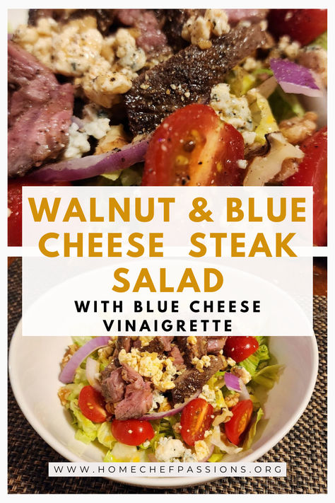 This Walnut & Blue Cheese Steak Salad with Blue Cheese Vinaigrette is the perfect addition to your quick and easy week night meals. This is a great dinner salad and with the addition of creamy, flavorful blue cheese crumbles it really packs in all the protein! Black And Blue Salad, Easy Week Night Meals, Blue Cheese Steak, Week Night Meals, Blue Cheese Salad Recipes, Blue Cheese Vinaigrette, Salad With Blue Cheese, Blue Cheese Crumbles, Steak With Blue Cheese