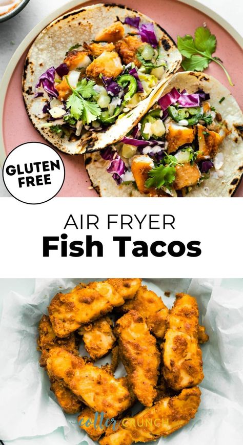 These Air Fryer Fish Tacos are coated in a gluten-free batter and cook in less than 10 minutes! Topped with a homemade sweet and tangy pineapple slaw, they’re an easy meal perfect for Taco Tuesday, family gatherings, and party celebrations, too. Air Fryer Fish Taco Bowl, Fish Taco Air Fryer Recipes, Ww Fish Tacos, Fish Tacos Air Fryer, Gluten Free Fish Tacos, Halibut Fish Tacos, Tacos Air Fryer, Air Fryer Fish Tacos, Halibut Tacos