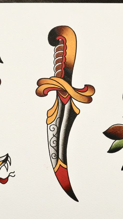 Traditional Dagger Tattoo Design, Old School Dagger Tattoo, American Traditional Dagger Tattoo, Traditional Knife Tattoo, Dagger Traditional Tattoo, American Traditional Dagger, Dagger Tattoo Traditional, Dagger Tattoo Design, New Traditional Tattoo