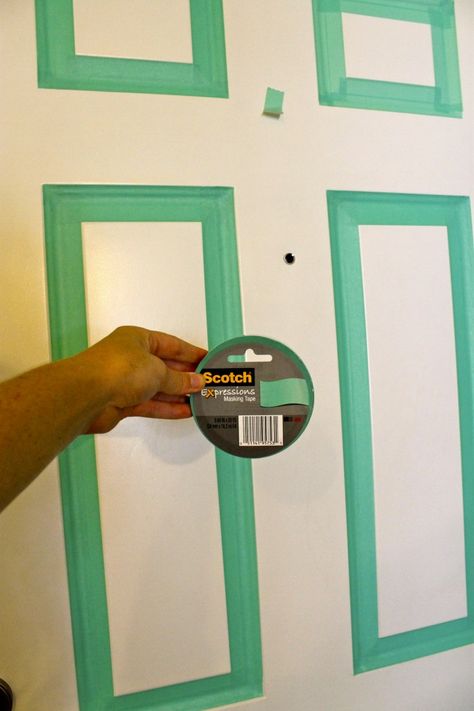 Update Your Front Door... With Masking Tape! a renter-friendly DIY! We can also use this on walls :D Renter Friendly Front Door Makeover, Townhouse Front Door Decor, Renter Friendly Door Makeover, Rental Friendly Door Makeover, Renter Friendly Door Upgrade, Renter Upgrades, Washi Tape Door, Dorm Door Decor, Front Door Update