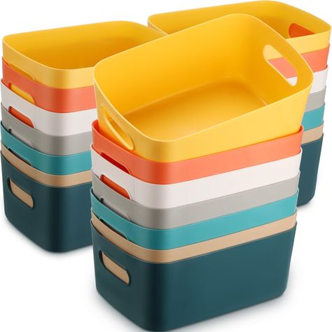 PRICES MAY VARY. Ample Quantity for You: you will receive plastic bins for storage in 7 colors, green, blue, orange, white, beige, gray and yellow, 3 pieces for each color, a total of 21 pieces, sufficient quantity to meet your daily needs, and you can also share them with others Thoughtful Design with Handle: these small plastic bins are designed with a thoughtful handle, which allows you to easily transport the basket from one place to another for your convenience, bringing you a nice using ex Classroom Bookshelf, Classroom Shelves, Small Storage Containers, Organization Kitchen, Plastic Container Storage, Plastic Storage Bins, Plastic Bins, Container Organization, Pantry Storage