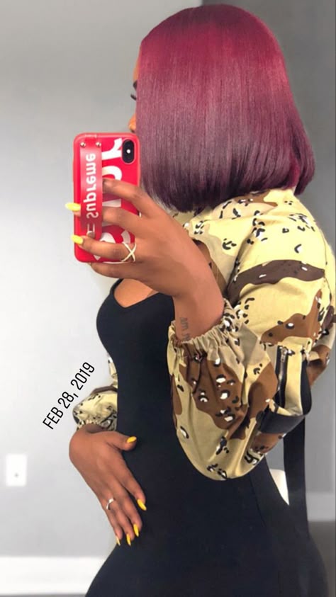 Burgundy Hair Black Women, Burgundy Natural Hair, Short Burgundy Hair, Red Burgundy Hair Color, Magenta Hair Colors, Hair Glam, Pressed Natural Hair, Magenta Hair, Silk Press Natural Hair