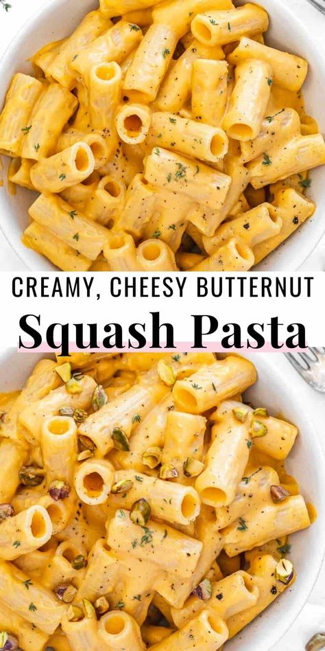 Butternut squash pasta is creamy, tasty, and so incredibly simple you can make it any day of the week with minimal effort.We roast the squash in the oven for maximum flavor, blend it with ricotta and parmesan, and mix the pasta in the sauce. It's a colorful and easy-cheesy pasta recipe with few ingredients. Butternut Squash Ricotta Pasta, Cheesy Butternut Squash Pasta, Baked Feta Butternut Squash Pasta, Ricotta Butternut Squash, Yellow Pasta Sauce, Roasted Butternut Squash Sauce, Creamy Butternut Squash Pasta Sauce, Squash Ricotta Recipes, Butternut Squash Pasta Vegan