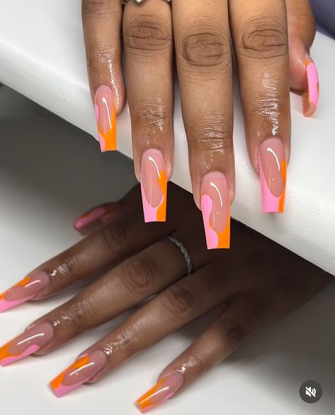 Orange Tapered Square Nails, Long Acrylic Nails Summer 2024, Long Fall Nails 2024, Pink And Orange Airbrush Nails, Cruise Nails, Brown Acrylic Nails, Ombre Acrylic Nails, Work Nails, French Acrylic Nails