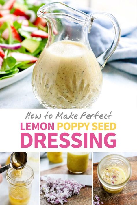 This LEMON POPPY SEED DRESSING is perfect for Spring & Summer salads, using less oil for a bright flavor. I love how easy it is to make! #summerrecipe #saladdressing Lemon Poppyseed Vinaigrette, Lemon Poppyseed Salad Dressing, Lemon Poppyseed Dressing Recipe, Lemon Poppyseed Dressing, Lemon Vinaigrette Recipe, Lemon Poppy Seed Dressing, Vegan Salad Dressing, Poppyseed Dressing, Poppy Seed Dressing