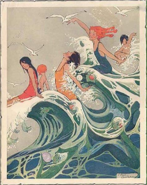 동화 삽화, Seaside Art, Wave Illustration, Illustration Vintage, Art Et Illustration, Art Antique, Surf Art, Mermaid Art, Ocean Art