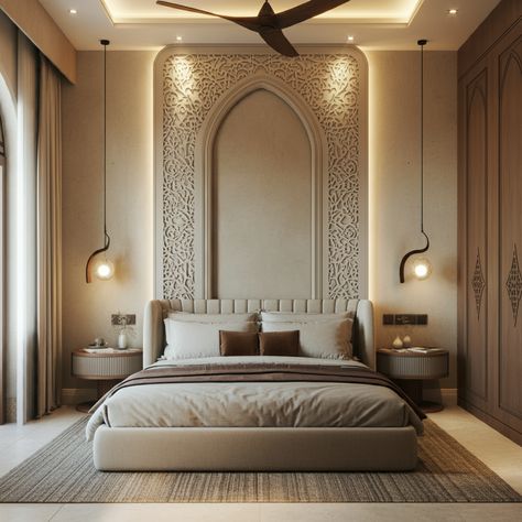 A Captivating Escape: The AI-Inspired Oriental Bedroom 🌙 Islamic Bedroom, Modern Islamic Interior, Innovative Architecture, Basic Design, You Know It, Architecture Firm, Architecture Project, Intricate Patterns, Design House