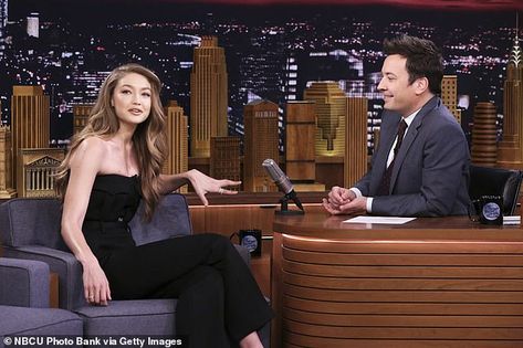 Gigi Hadid Jimmy Fallon, Sparkly Jumpsuit, Bianca Jagger, The Tonight Show, Fashion Capsule, Tonight Show, Jimmy Fallon, Style Crush, Edgy Look