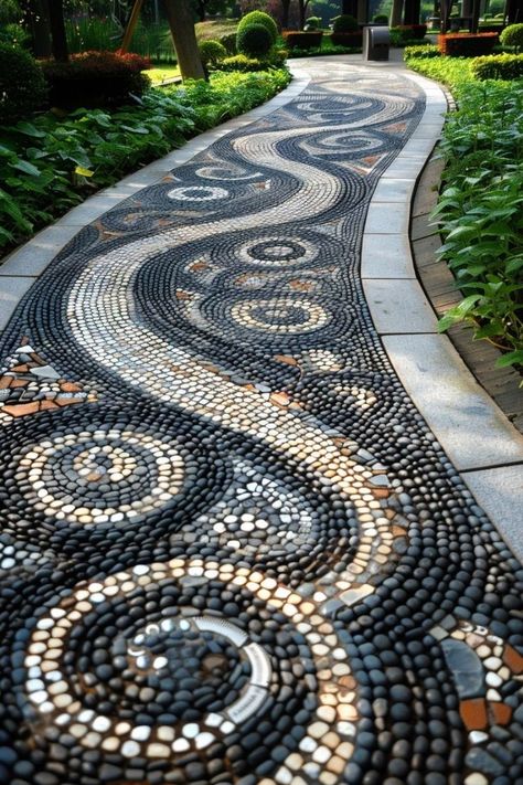 Mosaic Sidewalk, Walkway Pattern, Ideas For Garden, Design Tiles, Walkway Design, Walkway Ideas, Natural Stone Flooring, Pebble Mosaic, Garden Whimsy