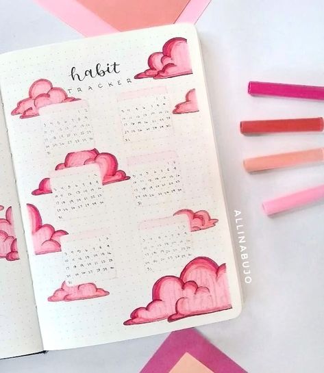 Pink Journal Design Ideas, Pink Journal Design, Cute Pink Journal Ideas, Pink Mood Tracker, Cloud Bujo Theme, Pink Bujo Theme, Cloud Bujo, Bulett Journal Ideas February, Pink Notes Aesthetic