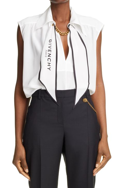 Givenchy Logo Scarf Neck Silk Blouse available at #Nordstrom Givenchy Logo, White Shirt Blouse, Classic White Shirt, Logo Style, Scarf Neck, Blouse Style, Blouse Nordstrom, Fashion Hacks Clothes, Abayas Fashion