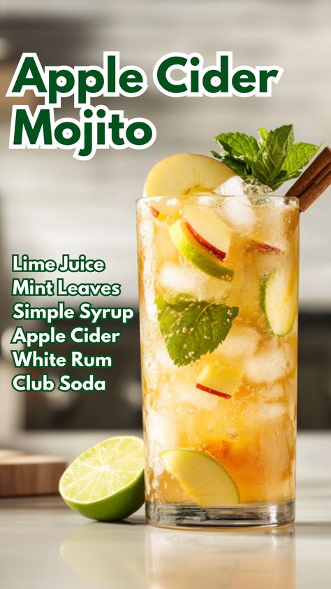 Apple Cider Mojito Classic Mojito, Mint Mojito, Mojito Recipe, Rum Cocktails, Fancy Drinks, Fall Cocktails, Sweet Drinks, Cocktail Drinks Recipes, Fall Drinks