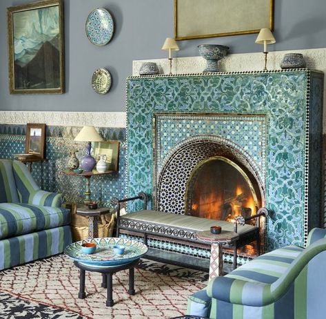 Tomasz Starzewski (@tomaszstarzewski) • Instagram photos and videos Moroccan Fireplace, Moroccan Elements, Painted Fireplace Mantels, Tiles Fireplace, Beautiful Culture, Open Concept Kitchen And Living Room, Gorgeous Fireplaces, Moorish Design, Paint Fireplace