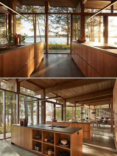 Wood Cabin Kitchen, Cooking Island Kitchen, Wood Kitchen Modern, Kitchen With Two Islands, Kitchens With Two Islands, Double Islands, Double Sided Fireplace, Kitchen Island Design, Island Design