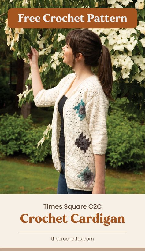 Need a light-weight cardigan for this coming spring and summer seasons? Try your hands on this timeless Corner to Corner crochet square cardigan. This easy crochet pattern features a unique design concept and makes for a lovely handmade gift that will be loved for years. | More free crochet patterns at thecrochetfox.com Crochet Square Cardigan, Crochet Sweater Coat, Crochet Jackets, Crochet Tea Cozy, Crochet Cardigan Free, Corner Crochet, Square Cardigan, Crochet Cardigan Pattern Free, Crochet Wearables