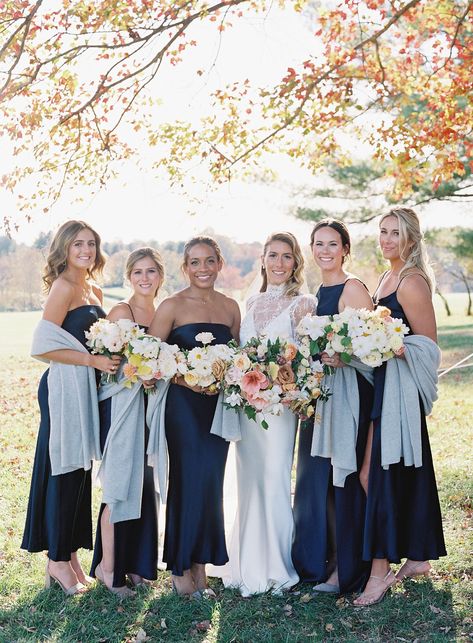 Fall Garden Wedding Bridesmaids, Winter Mix And Match Bridesmaid Dresses, Navy Blue Bridesmaid Dresses Fall, Blue Bridesmaid Dresses Fall Wedding, Bridal Party Colors Fall, Navy Mismatched Bridesmaids, Bridesmaids Winter Wedding, October Bridesmaids, September Bridesmaids