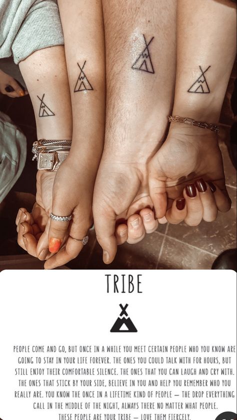 Tattoo Ideas Group Of Friends, Friendship Tattoos For 3 Men, Best Friend Tattoo Symbols, Fun Friendship Tattoos, Meaningful Friend Tattoos, Small Teepee Tattoo, Soul Tribe Tattoo, Tattoo For Group Of 4, Friends Are Family Tattoo