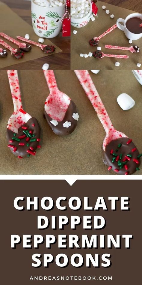 Diy Peppermint Spoons, Peppermint Spoons For Hot Chocolate, Peppermint Spoons Diy, Chocolate Spoons How To Make, Peppermint Spoons, Chocolate Dipped Spoons, Candy Spoons, Baking For Christmas, Gluten Free Gingerbread House